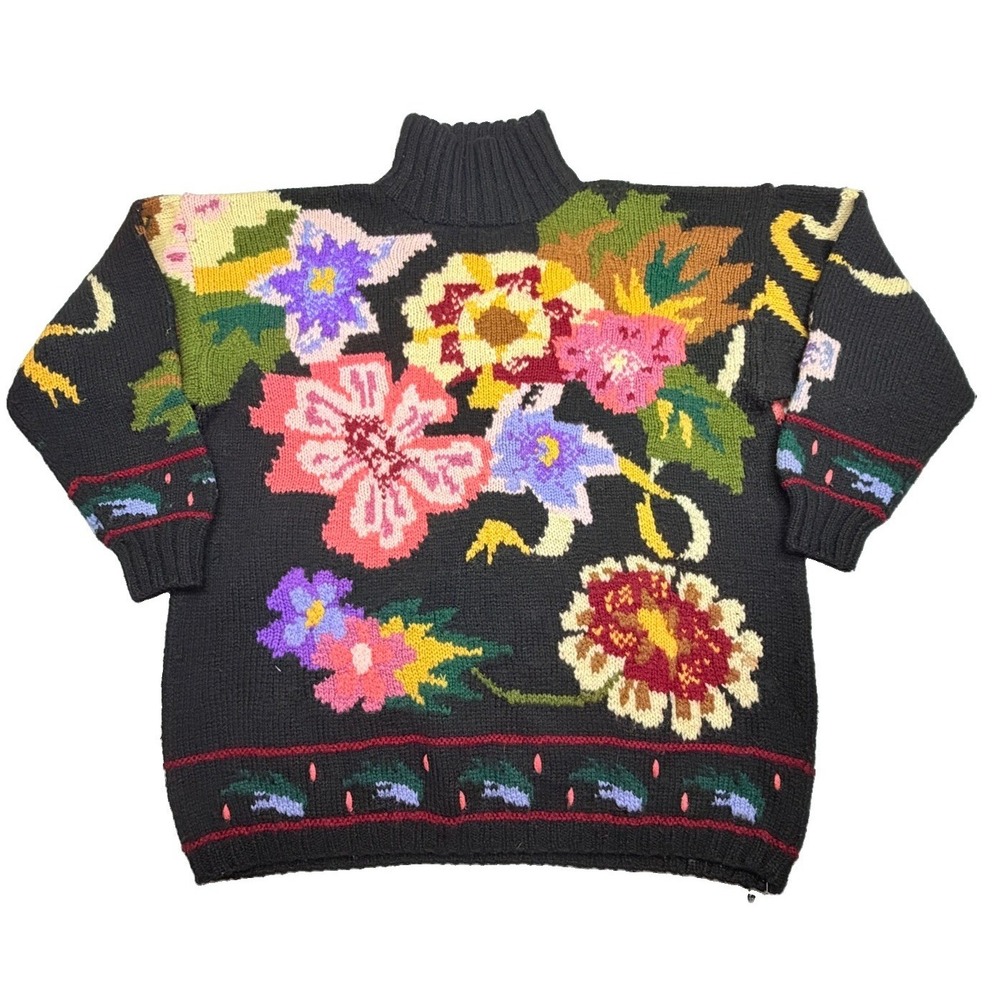 Vintage 1980s Forenza Black Wool Floral Intarsia Knit Sweater Women's‎ L